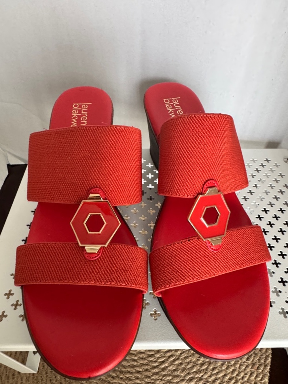Lauren Ralph Lauren Orange Slip On Sandals with Gold Hexagon Accent Size 9